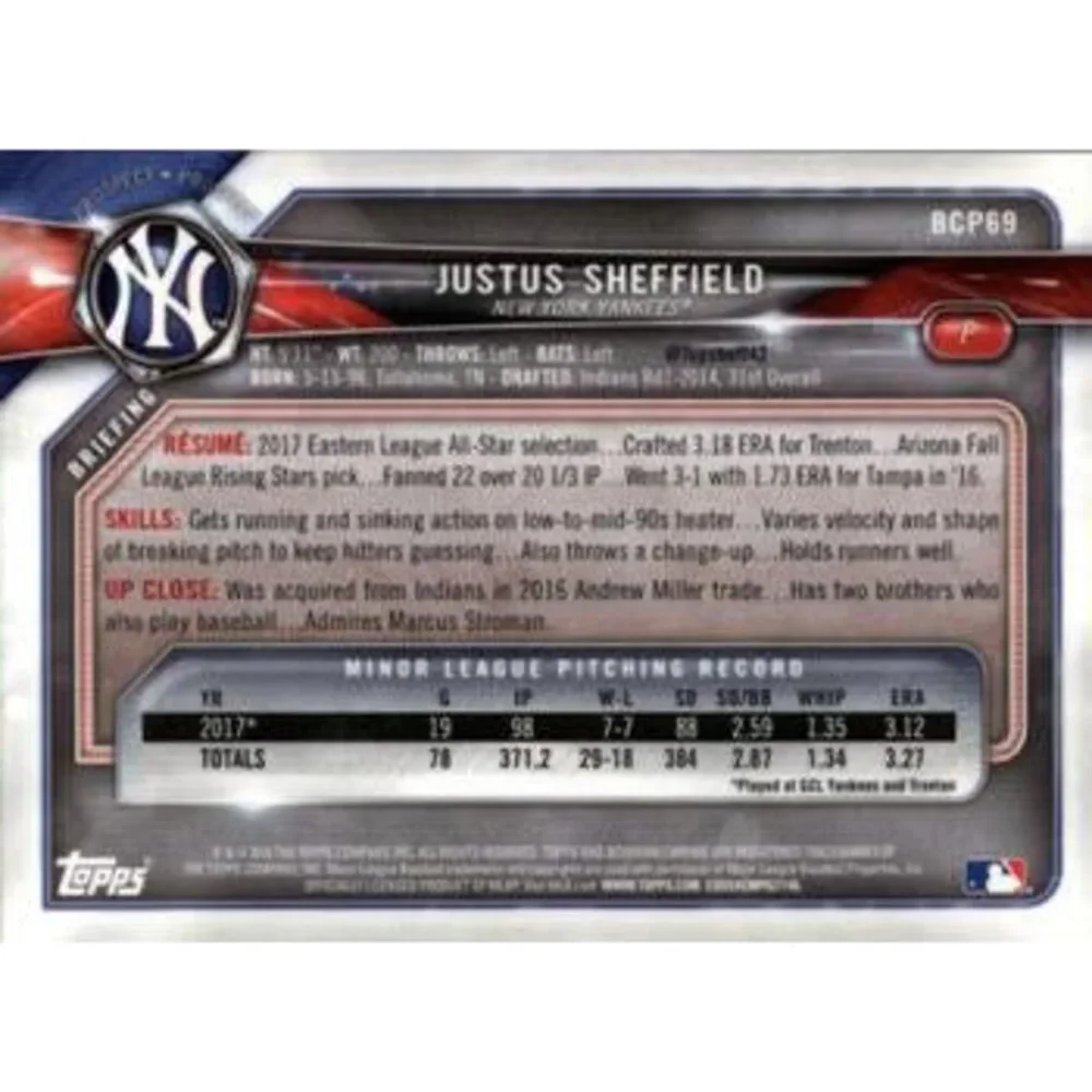 2018 Bowman Chrome Prospects Justus Sheffield BCP69 New York Yankees